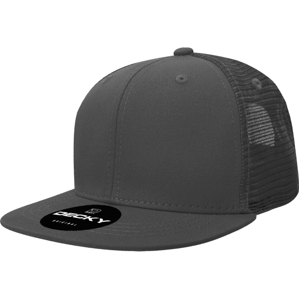 A grey 6-panel trucker cap with a solid front and mesh back, featuring a logo on the front.