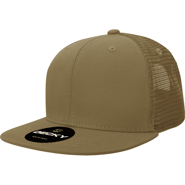 A khaki, six-panel high-profile trucker cap with a mesh back and a logo on the front.