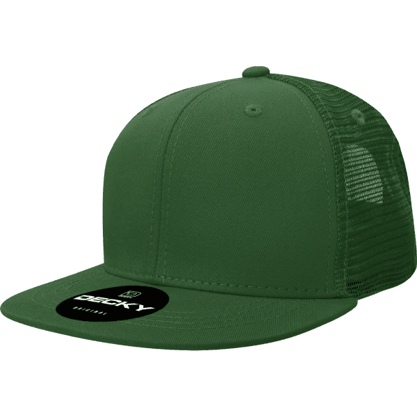 A green 6-panel high-profile trucker cap with a mesh back and a round logo.