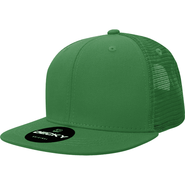 A green 6-panel high profile acrylic/poly trucker cap with a mesh back and a logo on the front.