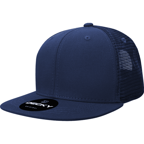 A navy blue 6 Panel High Pro Acry/Poly Trucker cap with a mesh back and a logo on the front.