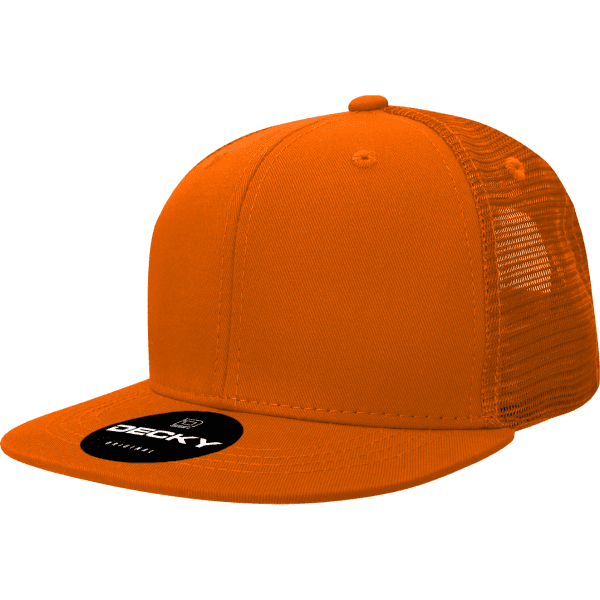 An orange 6-panel trucker cap with a mesh rear and a circular logo on the front.
