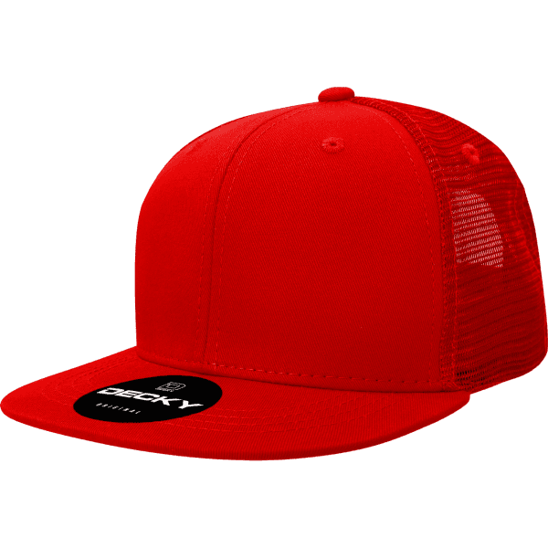 A red 6-panel high profile trucker cap with a mesh back and a branded label on the front.