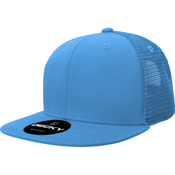 A blue 6-panel trucker cap with a mesh back and a logo on the front.