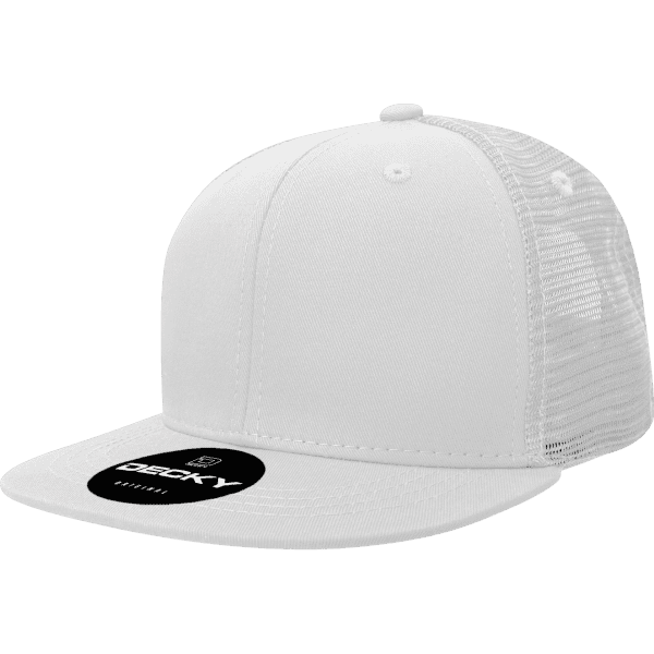 A white 6-panel high profile trucker cap with a mesh back and a branded patch on the front.