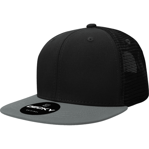 A black and grey 6-panel trucker cap featuring a mesh back and a branded patch on the front.