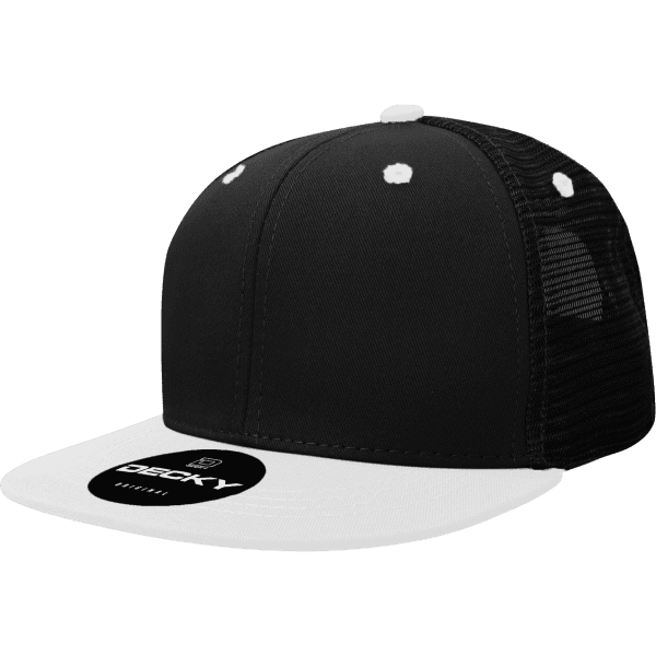 A black and white trucker cap with a six-panel design and a branded logo on the front.