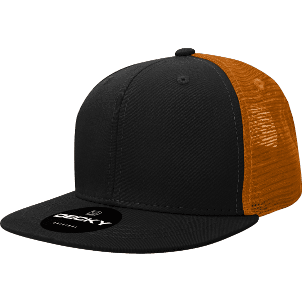 A black and orange 6-panel high-profile trucker cap featuring a mesh back and a branded tag.