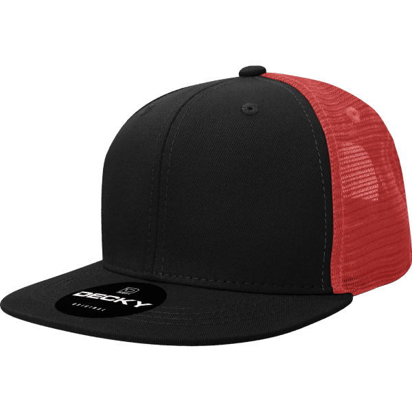 A black and red 6-panel trucker cap featuring a flat brim and mesh panels at the back, with a logo on the front.
