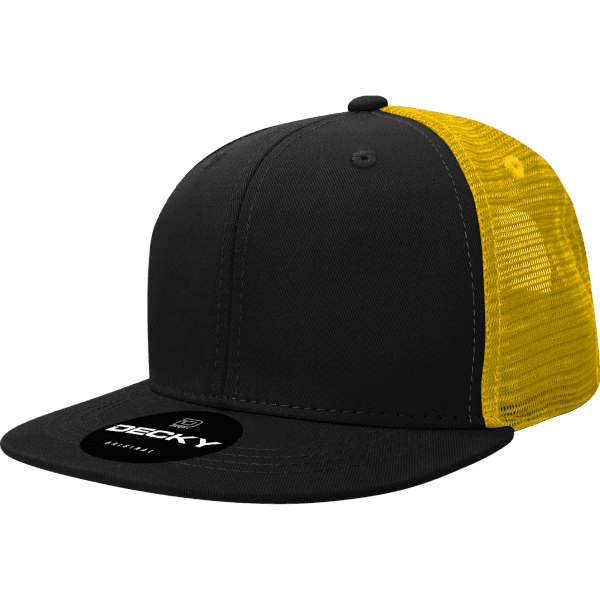 A black and yellow trucker cap featuring a six-panel design and a mesh back, with a prominent logo on the front.