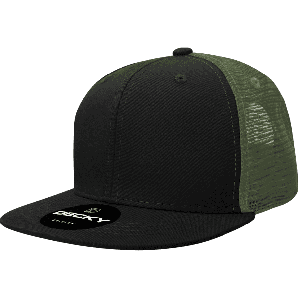 A black and olive green trucker cap with a mesh back and a brand logo on the front.