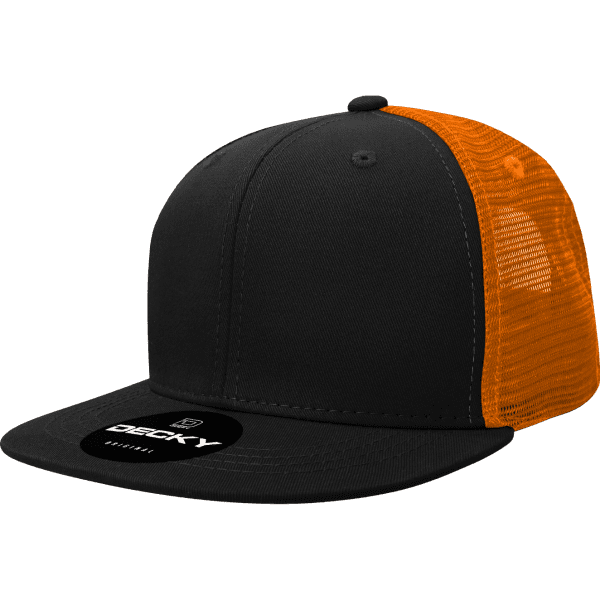 A black trucker cap with an orange mesh back and a circular logo on the front.