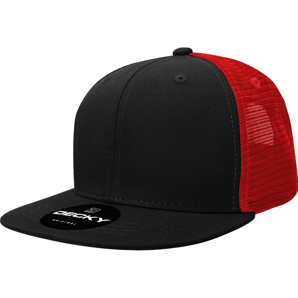 A black and red trucker cap featuring a mesh panel and a circular logo on the brim.