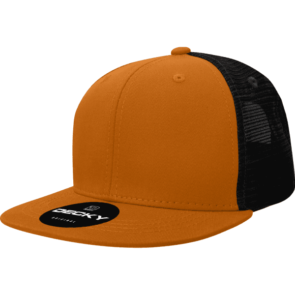 An orange and black trucker cap with a branded label on the front.