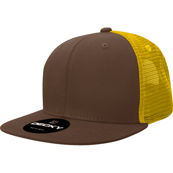 A brown and yellow 6-panel trucker cap with a flat brim and a branding logo.