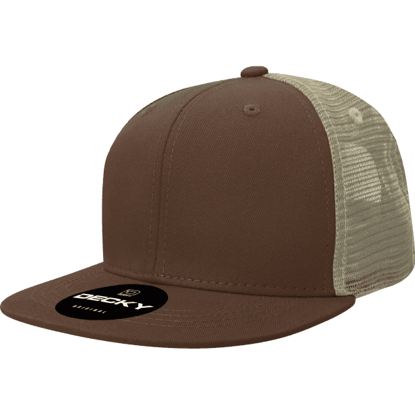 A brown trucker cap with a mesh back and a branded logo on the front.