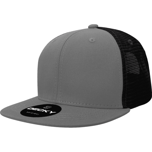 A grey six-panel trucker cap with a black mesh back and a logo on the front.