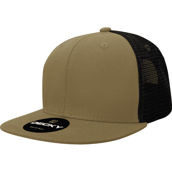 A khaki and black trucker cap featuring a solid front panel and mesh back, with a logo on the front.