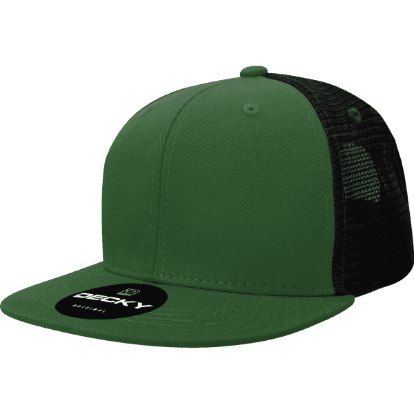 A green and black 6 Panel High Pro Acry/Poly Trucker cap with a branded label on the front.
