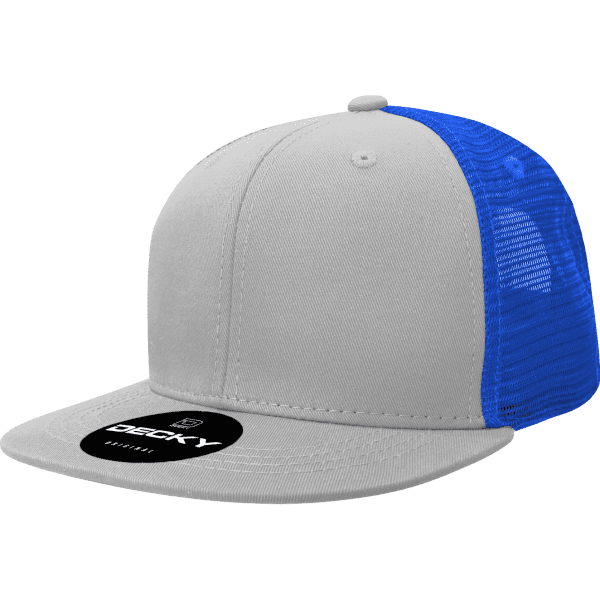 A grey trucker cap with a blue mesh back and a black logo on the front.
