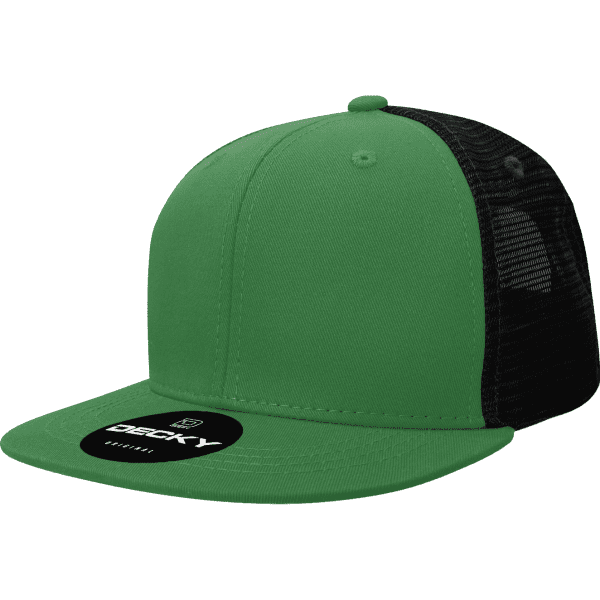 A green and black 6 panel high pro acrylic/poly trucker cap with a logo on the front.