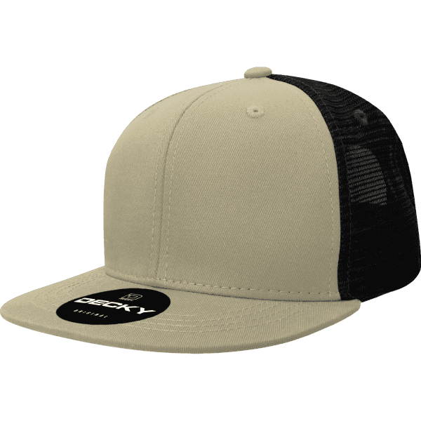 A 6-panel trucker cap in beige with a black mesh back and a flat brim, featuring a logo on the front.