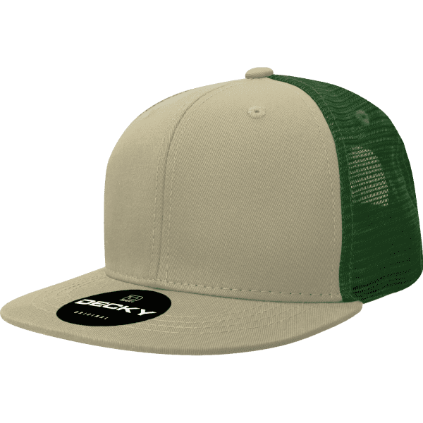 A khaki and green 6-panel trucker cap with a flat brim and mesh back, featuring a logo.