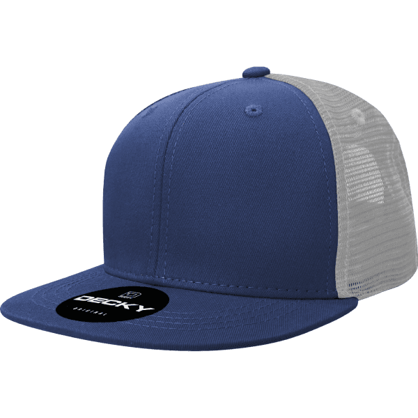 A blue and grey six-panel trucker cap with a mesh back and a circular logo on the front.