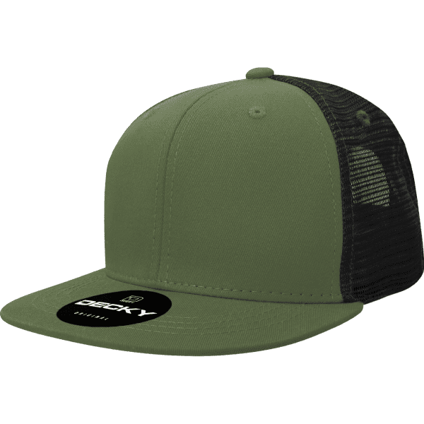 A green 6-panel trucker cap with a black mesh backing and a logo on the front.