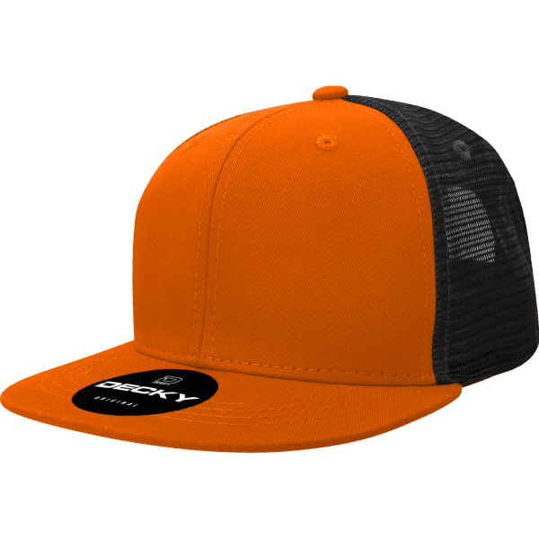 An orange and black 6 Panel High Pro Acry/Poly Trucker cap with a circular logo on the front.