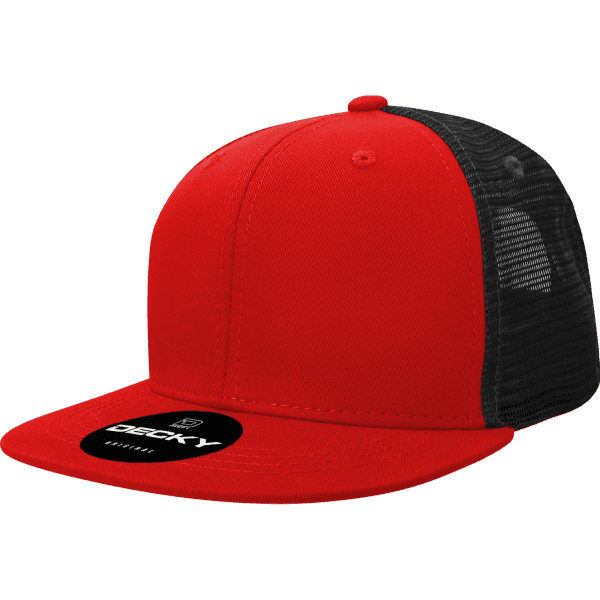 A red and black six-panel trucker cap with a mesh back and a logo on the front.