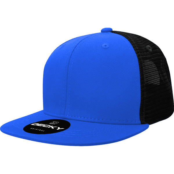 A blue trucker cap with a black mesh back and a circular logo on the front.