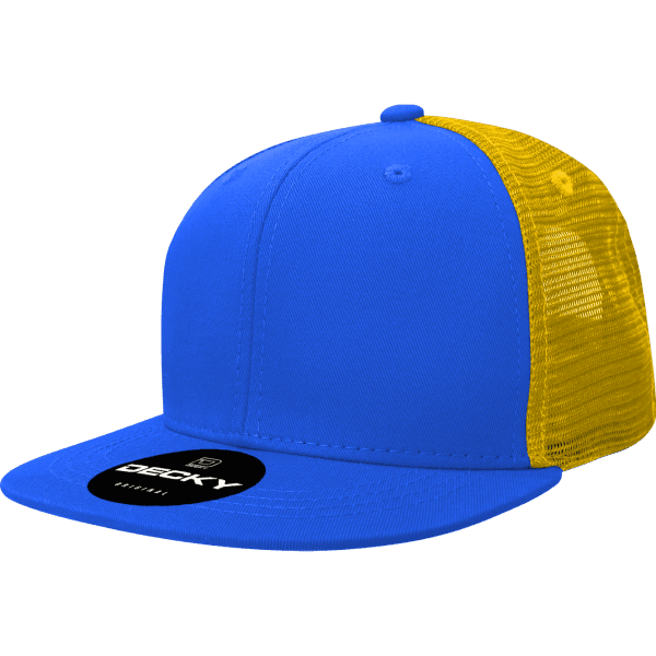 A blue and yellow 6 Panel High Pro Acry/Poly Trucker cap with a mesh back and a logo on the front.