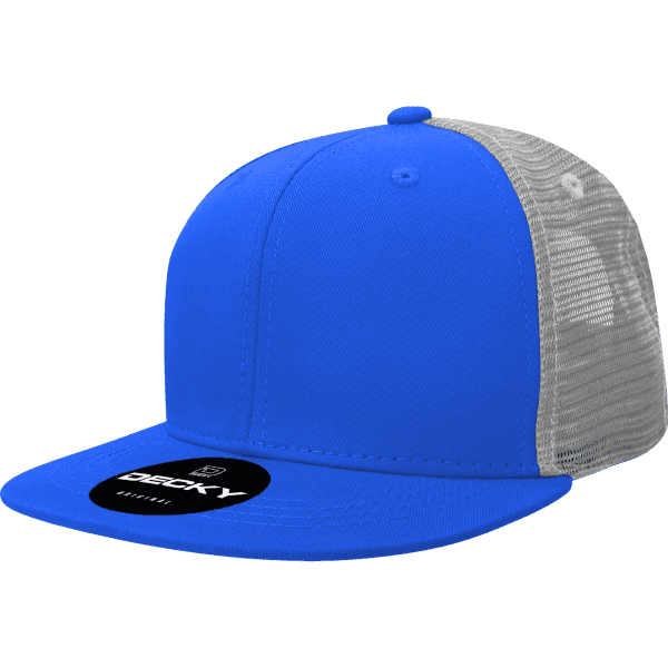 A blue trucker cap with a grey mesh back and a logo on the front.