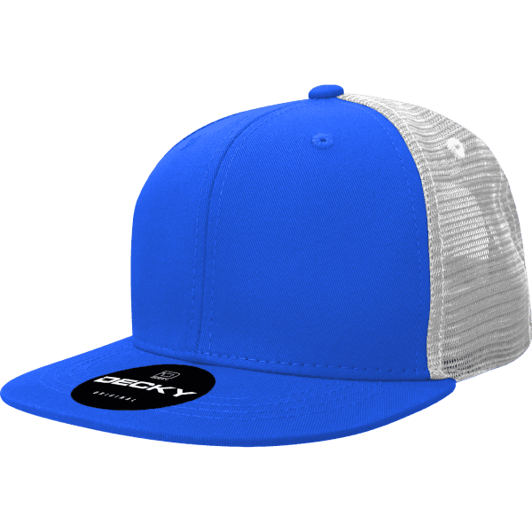 A blue and white trucker cap featuring a mesh back and a logo on the front.