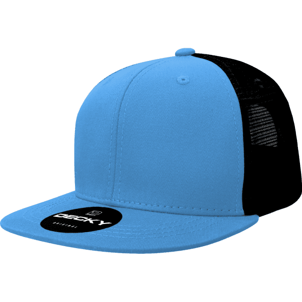 A blue and black trucker cap with a mesh back and a branded label on the front.