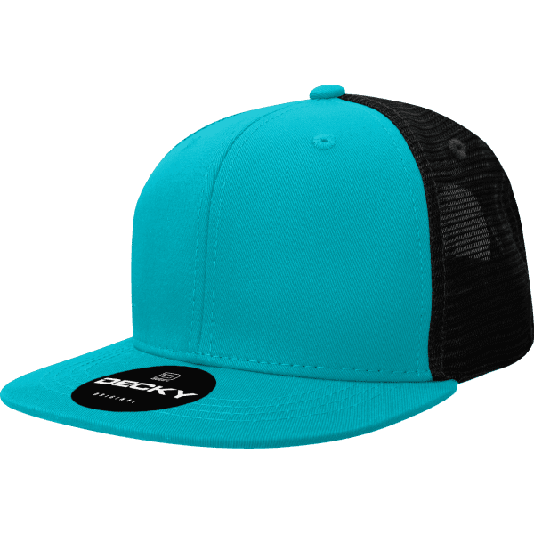 A turquoise and black 6 Panel High Pro Acry/Poly Trucker cap with a logo on the front.