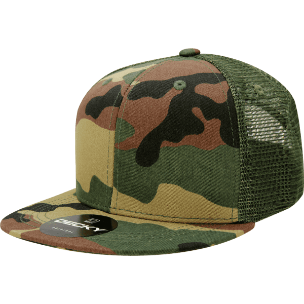 A camouflage trucker cap featuring a six-panel design and mesh backing. It has a branded logo on the front.