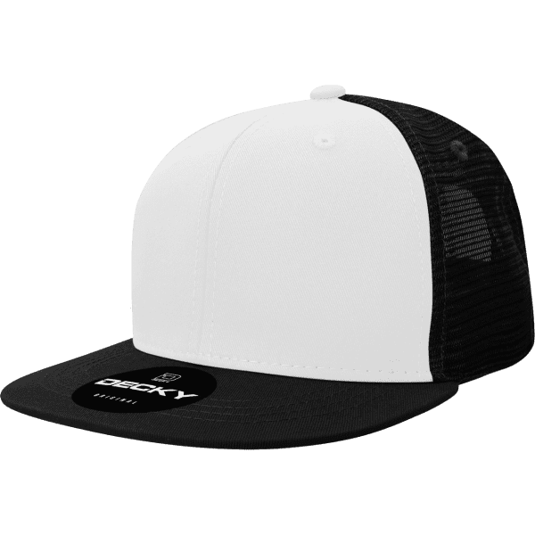 A black and white 6-panel high profile trucker cap with a mesh back and a circular logo on the front.