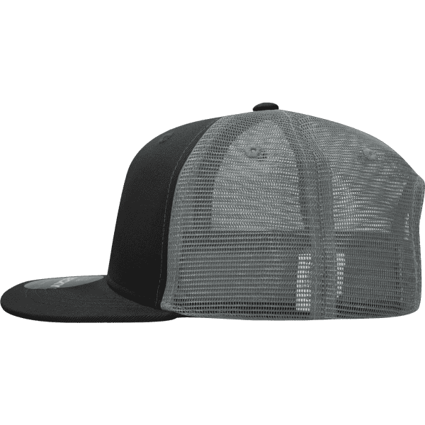 A structured six-panel trucker cap in black with a grey mesh back and adjustable strap.