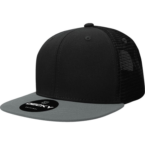 A black and grey six-panel trucker cap with a mesh back and a logo on the front.