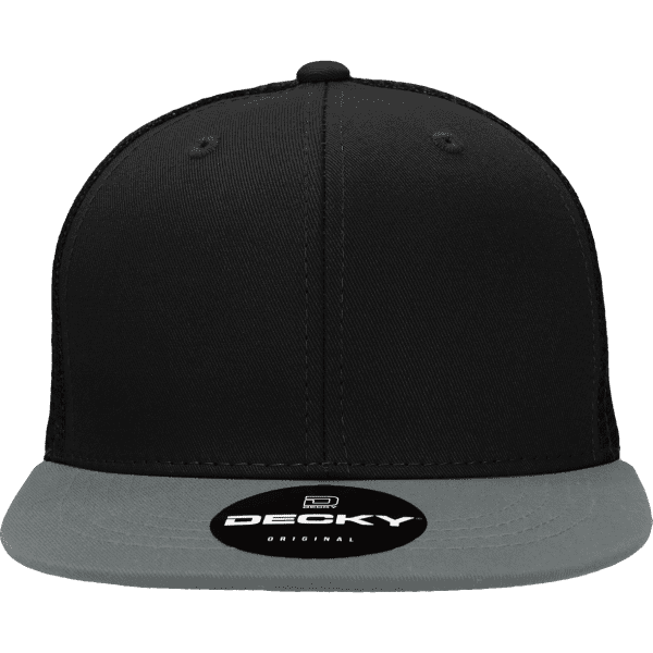 A black high-profile structured trucker cap with a grey peak and a logo on the front.