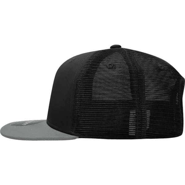 A black high profile structured trucker cap with a grey brim and mesh back, featuring a logo.