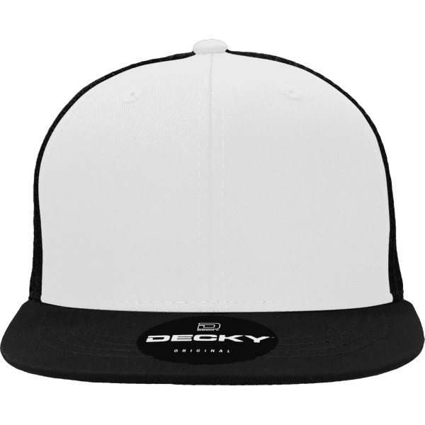 A structured trucker cap featuring a white front and a black visor, with a logo on the front.