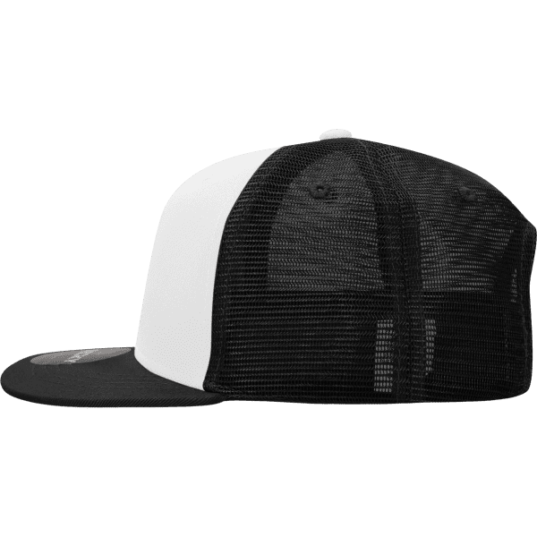 A black and white six-panel high profile structured trucker cap with mesh backing and a curved brim.