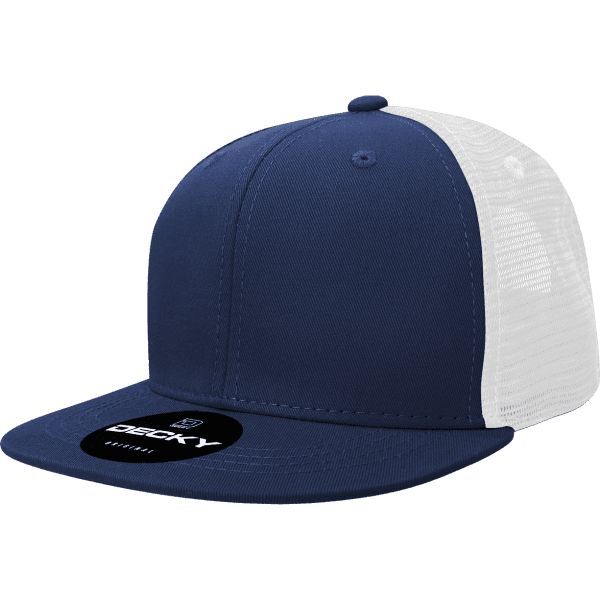 A navy blue and white 6 panel high profile structured trucker cap with a logo on the front.