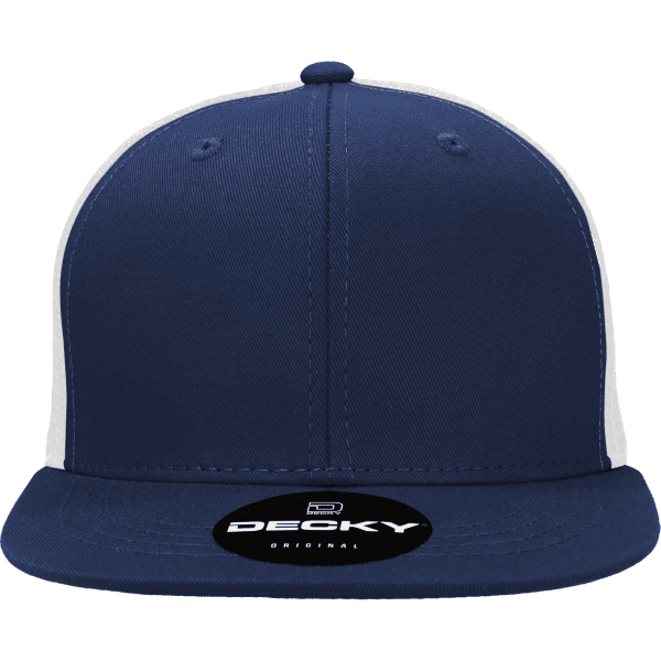 A high-profile structured trucker cap in navy with a white mesh back and a logo on the front.