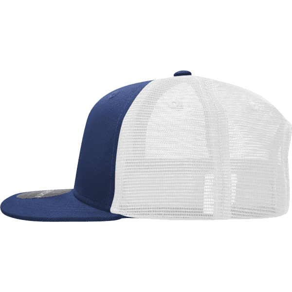 A navy blue and white structured trucker cap featuring a mesh back and a logo on the front.