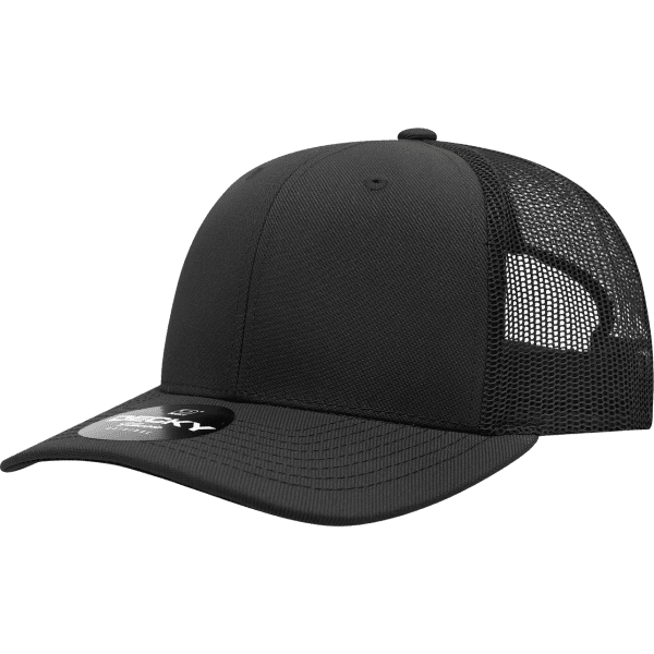 A black structured trucker cap with a mesh back and a curved brim. It features a logo on the front.