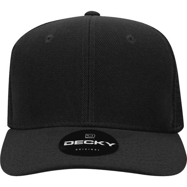 A black 6-panel mid-profile structured trucker cap with a branded logo on the front.